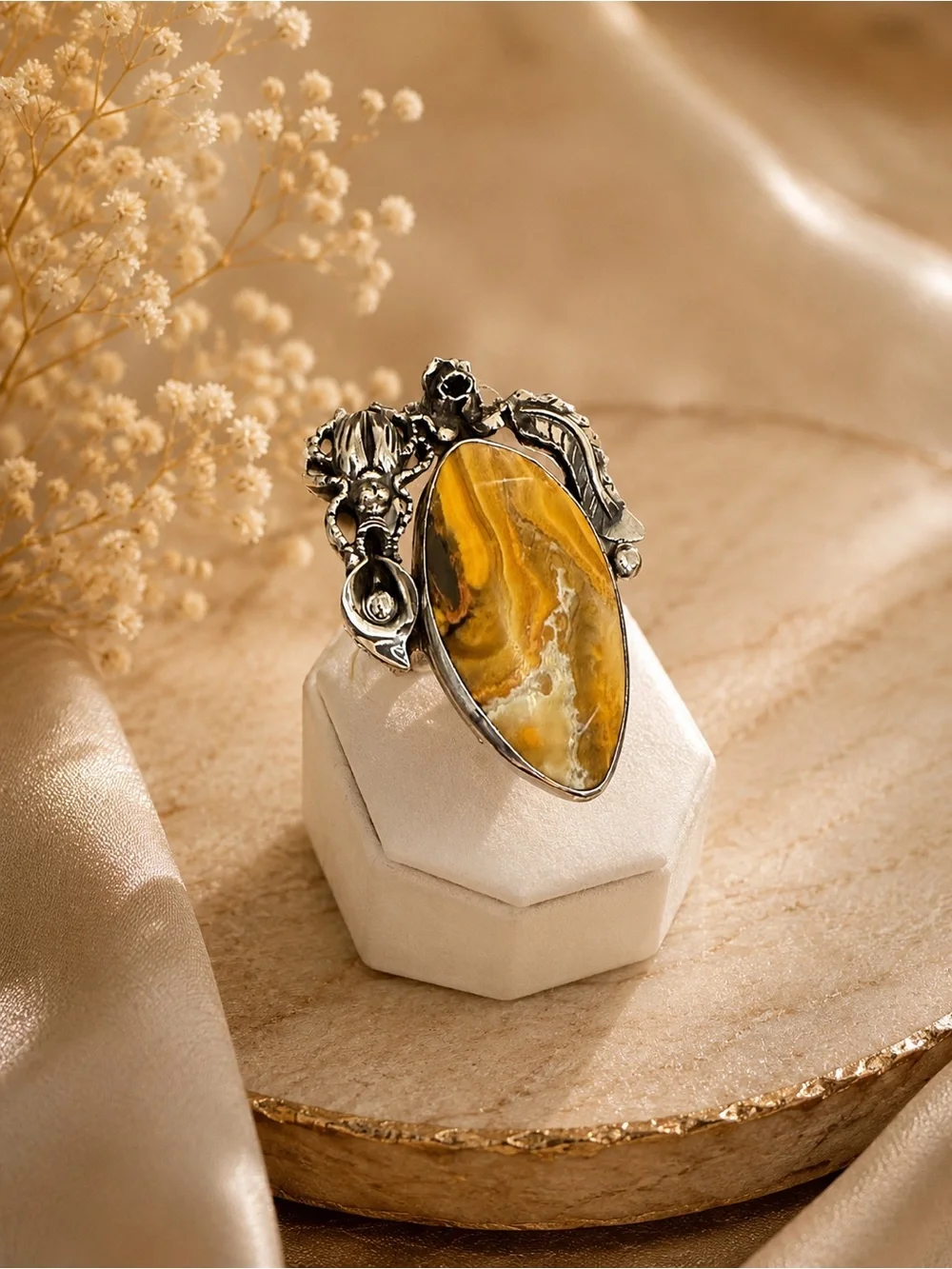 925 Sterling Silver Yellow Jasper Beetle Statement Ring - Women Jewelry